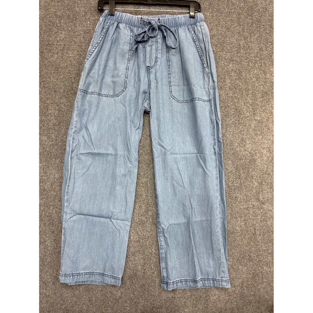 SixFifty Chambray Wide Leg Drawstring Pants Small Elastic Waist Crop Pockets